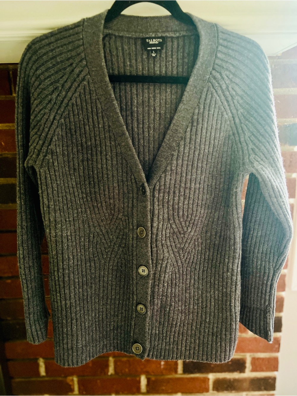 Talbots Charcoal V-Neck Ribbed Button Cardigan
